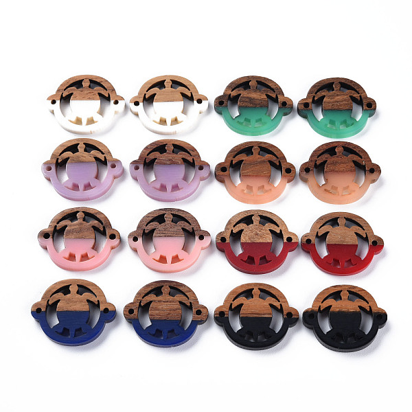 

PandaHall Opaque Resin & Walnut Wood Links Connectors, Two Tone, Flat Round with Turtle, Mixed Color, 18.5x24.5x2.5~3.5mm, Hole: 1.5mm..., Multicolor
