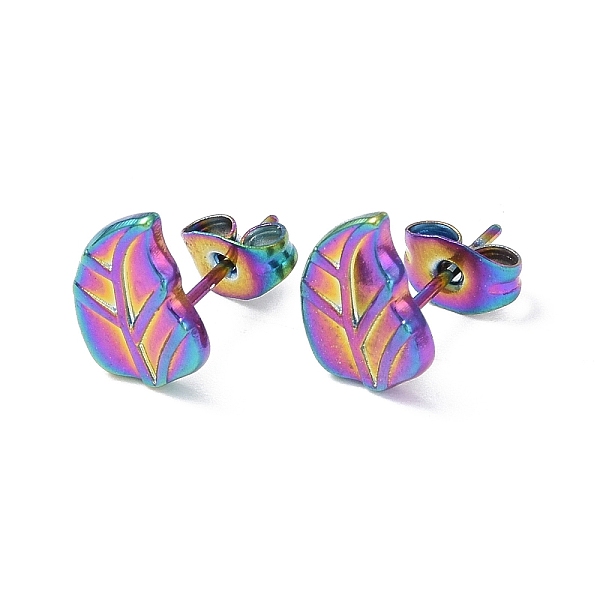 

PandaHall Ion Plating(IP) 304 Stainless Steel Stud Earring for Women, Leaf, Rainbow Color, 10.2x7.7mm, Pin: 0.8mm 304 Stainless Steel Leaf