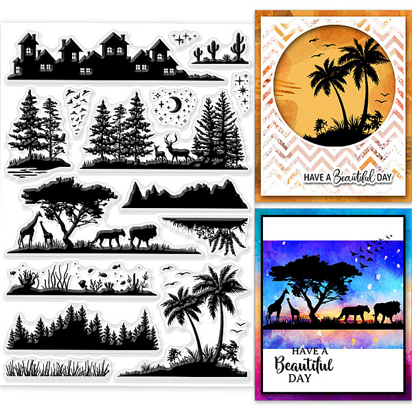 

PandaHall GLOBLELAND Landscape Silhouette Clear Stamps for Cards Making Scenery and Animals Clear Stamp Seals Transparent Stamps for DIY...