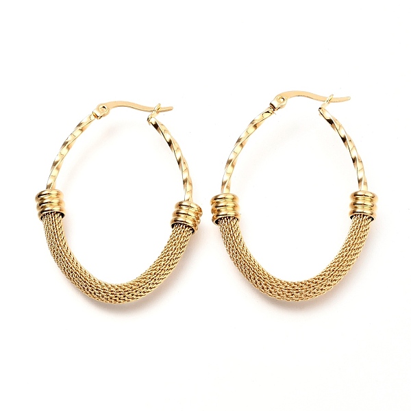 

PandaHall 304 Stainless Steel Mesh Hoop Earrings, Textured, Oval, Golden, 45x34x6mm, Pin: 0.8mm 304 Stainless Steel Oval