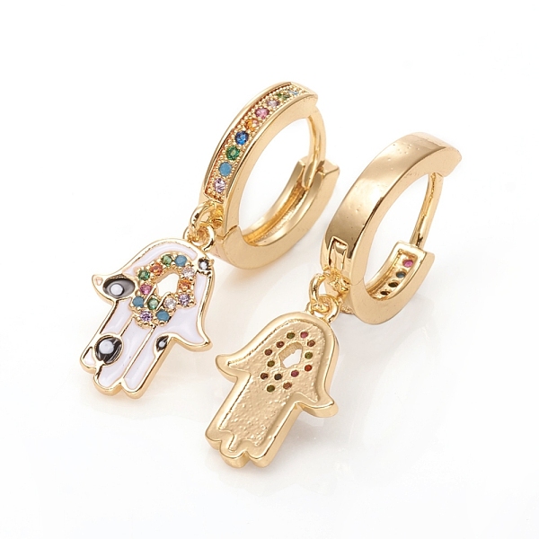 

PandaHall Brass Micro Pave Cubic Zirconia Huggie Hoop Earrings, with Enamel, Long-Lasting Plated, Hamsa Hand/Hand of Fatima/Hand of Miriam...