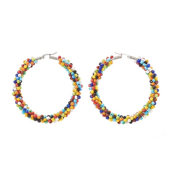 Colorful Glass Seed Braided Big Hoop Earrings