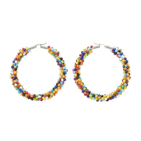 

PandaHall Colorful Glass Seed Braided Big Hoop Earrings, 304 Stainless Steel Bohemia Earrings for Women, Platinum, 65x66x9mm, Pin: 1mm Seed...