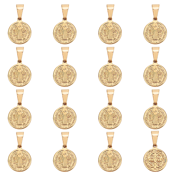 

PandaHall Unicraftale 304 Stainless Steel Pendants, Religion, Flat Round with Saint Benedict, Golden, 15x12x2mm, Hole: 5x3mm, 16pcs/box...
