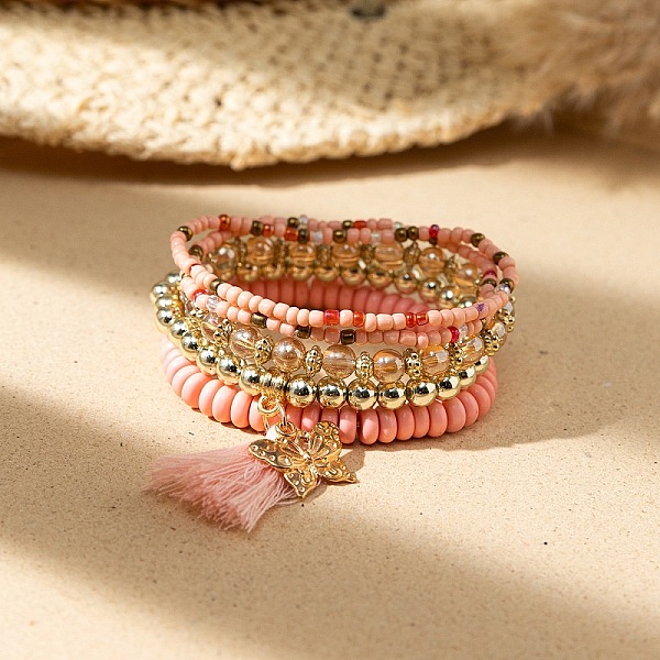 

PandaHall Bohemian Vacation Style Glass Beaded Charms Bracelets Set for Women Glass