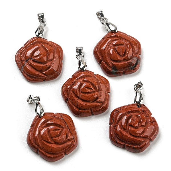 

PandaHall Natural Red Jasper Carved Pendants, Flower Charms with Rack Plating Platinum Plated Brass Pinch Bails, 30x22.5x7.5mm, Hole...