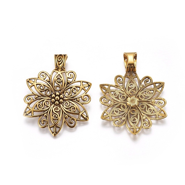 

PandaHall Tibetan Style Alloy Focal Pendants, Lead Free and Cadmium Free, Fancy Filigree Flower, Antique Golden, 64x46.5x1.5mm, Hole: 11x8mm...
