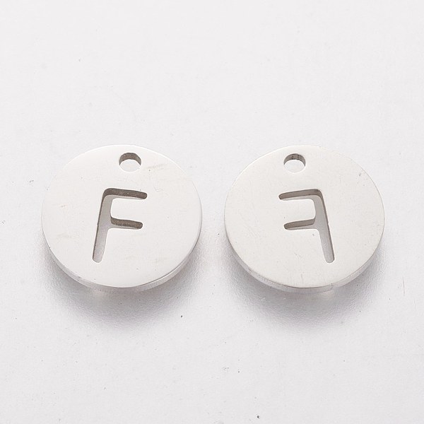 

PandaHall 201 Stainless Steel Charms, Flat Round with Letter, Stainless Steel Color, Letter.F, 12x1mm, Hole: 1.5mm 201 Stainless Steel...