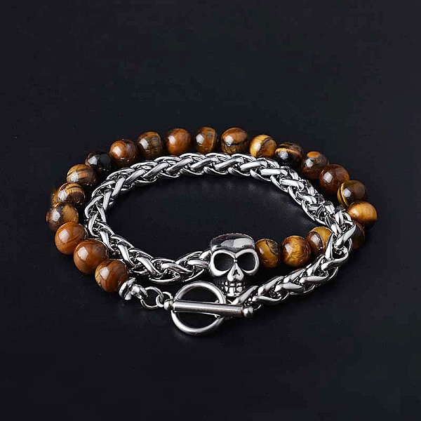 Pulsera Con Cuentas De Calavera De Acero Inoxidable Y Ojo De Tigre Natural Con Cadenas De Trigo