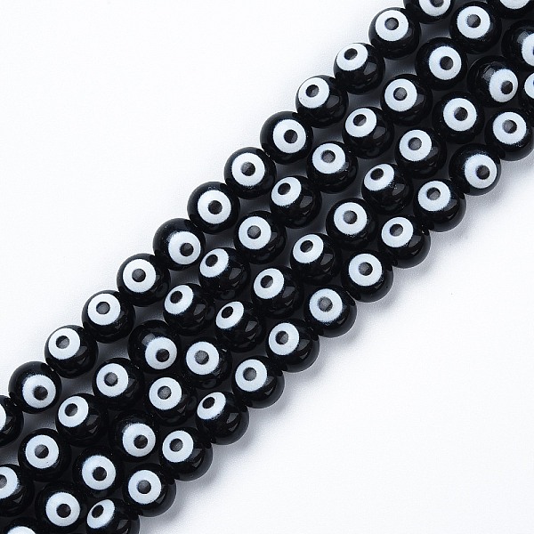 

PandaHall Baking Painted Opaque Glass Beads Strands, Round with Evil Eye, Black, 8x7.5mm, Hole: 1.2mm, about 50~52pcs/strand, 14.57...
