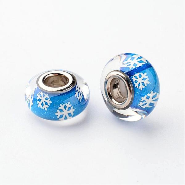 

PandaHall Resin European Beads, Christmas Theme, Large Hole Rondelle Beads, with Snowflake Pattern and Brass Double Cores, Platinum, Deep..., Blue