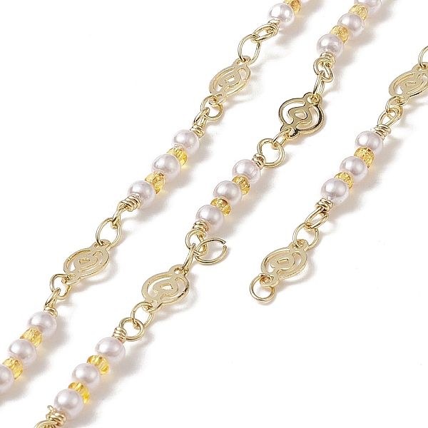 

PandaHall Rack Plating Golden Brass Flat Round with Heart Link Chains, with Plastic Pearl Beaded, Unwelded, with Card Paper, White...