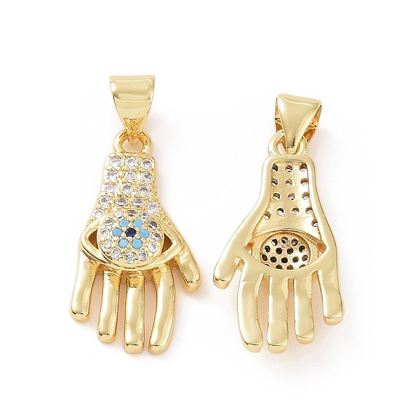 

PandaHall Brass Micro Pave Cubic Zirconia Pendants, Hand with Evil Eye Charm, Golden, 26x11.5x4mm, Hole: 5x3mm Brass+Cubic Zirconia Body