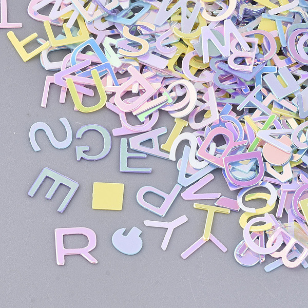 

PandaHall Ornament Accessories, PVC Plastic Paillette/Sequins Beads, No Hole/Undrilled Beads, Mixed Letters, Mixed Color, 3.5~6x2~6x0.4mm..., Multicolor