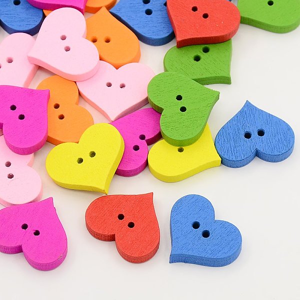 

PandaHall Wooden Buttons, Dyed, 2-Hole, Heart, Mixed Color, 17x20x4mm, Hole: 1.5mm Wood Heart Multicolor