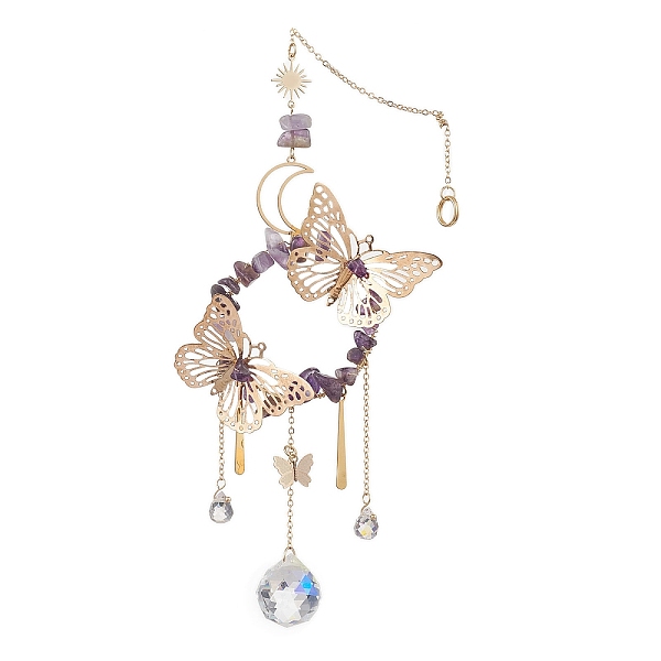 Iron Butterfly & Natural Amethyst Chip Ring Pendant Decorations