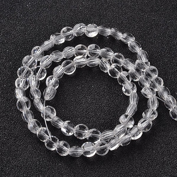 

PandaHall Glass Beads Strands, Flat Round, Faceted, Clear, 5~6x4mm, Hole: 1mm, about 72pcs/strand, 15 inch Glass Flat Round Clear