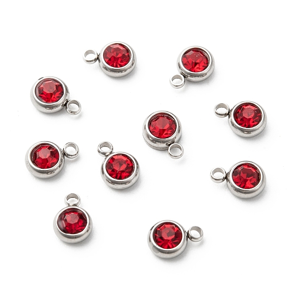 

PandaHall 201 Stainless Steel Rhinestone Charms, July Birthstone Charms, Flat Round, Stainless Steel Color, Light Siam, 8.5x6x3mm, Hole..., Red