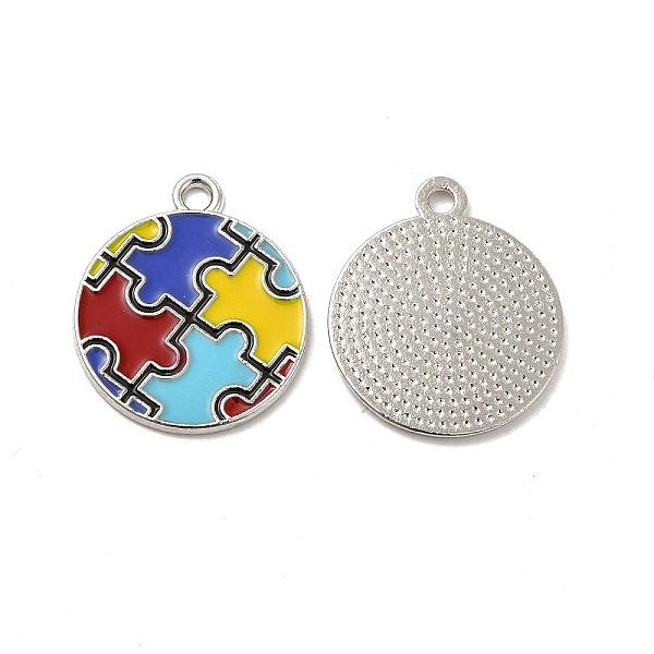 

PandaHall Alloy Enamel Pendants, Flat Round with Autism Puzzle Pattern Charm, Platinum, Colorful, 23x20x1mm, Hole: 2mm Alloy+Enamel Others