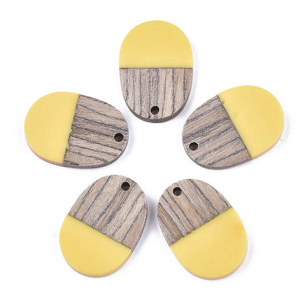 

PandaHall Resin & Wenge Wood Pendants, Oval, Yellow, 25x18x3~4mm, Hole: 2mm Resin+Wood Oval Yellow