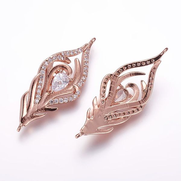 

PandaHall Brass Micro Pave Cubic Zirconia Links, Feather, Rose Gold, 33x13x5mm, Hole: 1mm Brass+Cubic Zirconia Feather