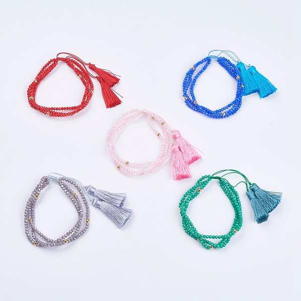 

PandaHall Glass Multi-strand Bracelets, with Brass Round Beads and Nylon Cord Tassel Pendants, Mixed Color, 2 inch(52mm) Glass Multicolor