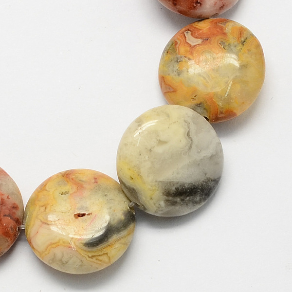 

PandaHall Flat Round Natural Crazy Lace Agate Beads Strands, Pale Goldenrod, 14x6mm, Hole: 1mm, about 28pcs/strand, 15.3 inch Crazy Agate..., Yellow
