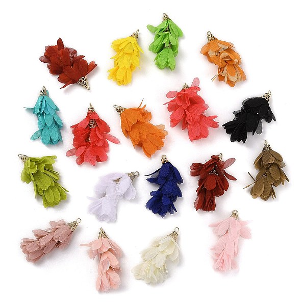 

PandaHall Polyester Pendant Decorations, with Iron Findings, Flower Charms, Mixed Color, 49~52.5x22~28x22~28mm, Hole: 2mm Polyester Flower..., Multicolor
