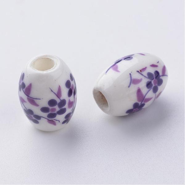 

PandaHall Handmade Porcelain Beads, Printed, Oval, White, Purple flower, about 10.5mm long, 8mm wide, hole: 2mm Porcelain Oval Purple