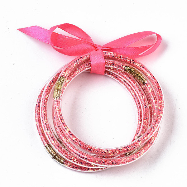 

PandaHall PVC Plastic Buddhist Bangle Sets, Jelly Bangles, with Paillette/Sequins and Polyester Ribbon, Deep Pink, 2-1/2 inch(6.5cm)...