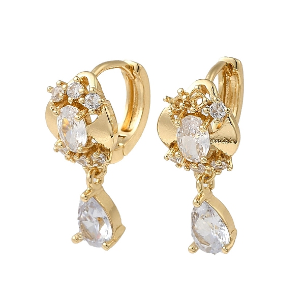 

PandaHall Brass Micro Pave Cubic Zirconia Dangle Earring, with Glass, Light Gold, 23x10mm Brass Clear