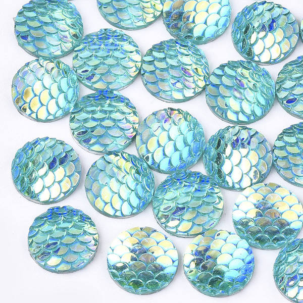 PandaHall Resin Cabochons, AB-Color, Flat Round with Mermaid Fish Scale, Dark Turquoise, 12x3mm Resin Flat Round Cyan