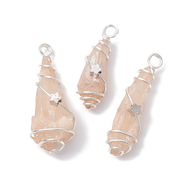 

PandaHall Electroplated Natural Quartz Crystal Dyed Copper Wire Wrapped Pendants, Teardrop Charms with Brass Star, Silver Color Plated..., Orange