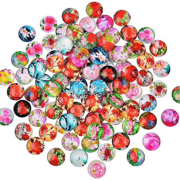 

PandaHall 100Pcs Flower Printed Glass Cabochons, Half Round/Dome, Mixed Color, 20x6mm Glass Flower Multicolor