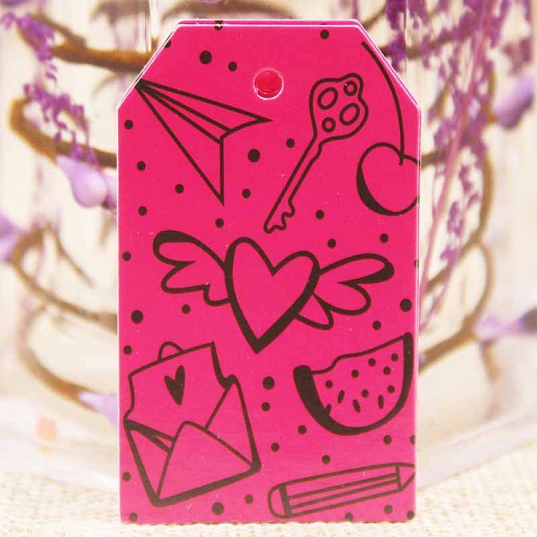PandaHall Paper Gift Tags, Hange Tags, For Arts and Crafts, Valentine's Day, Rectangle with Heart Pattern, Deep Pink, 50x30x0.4mm, Hole: 3mm...