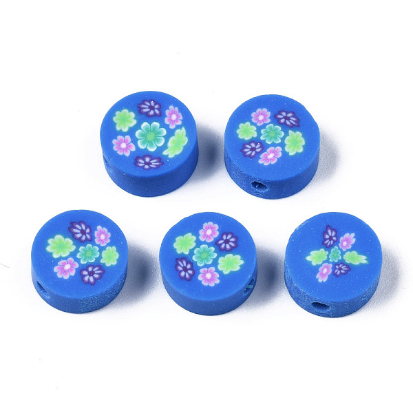 PandaHall Handmade Polymer Clay Beads, for DIY Jewelry Crafts Supplies, Flat Round with Flower, Dodger Blue, 9.5~10x4.5mm, Hole: 1.8mm...