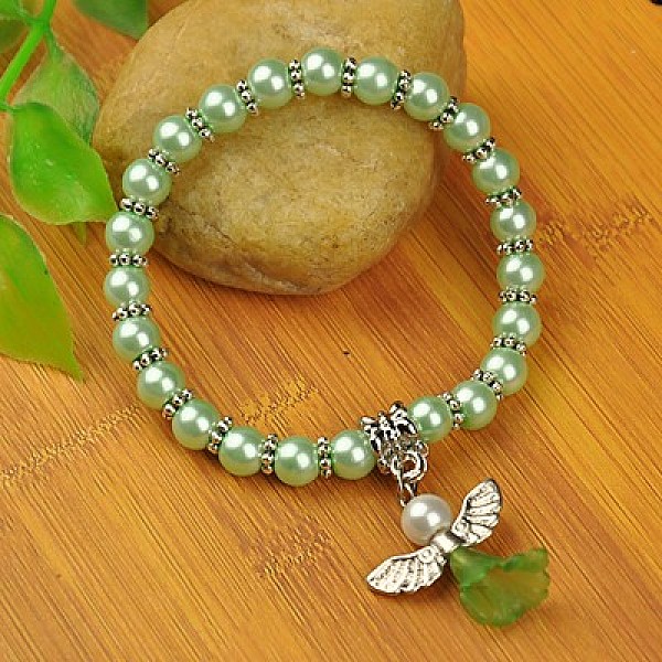 PandaHall Lovely Wedding Dress Angel Bracelets for Kids, Carnival Stretch Bracelets, with Glass Pearl Beads and Tibetan Style Beads, Pale...