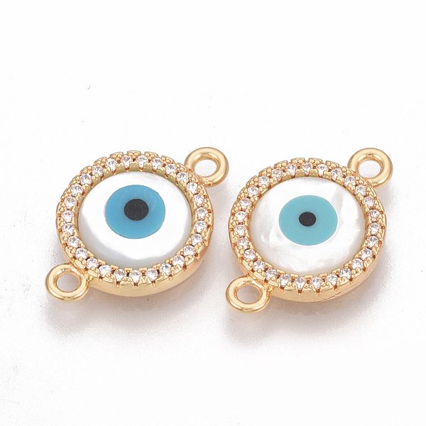 

PandaHall Brass Micro Pave Cubic Zirconia Links connectors, with Shell, Flat Round with Evil Eye, Real 18K Gold Plated, 20x13x3mm, Hole..., Clear