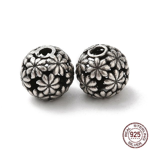 

PandaHall 925 Sterling Silver Beads, Hollow Round with Flower, with S925 Stamp, Antique Silver, 7.5mm, Hole: 1.8mm Sterling Silver Round