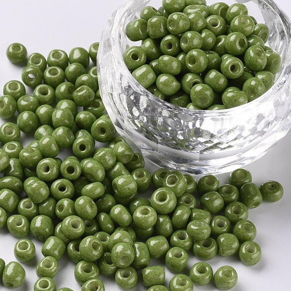

PandaHall Baking Paint Glass Seed Beads, Olive Drab, 6/0, 4~5x3~4mm, Hole: 1~2mm, about 4500pcs/bag Glass Green
