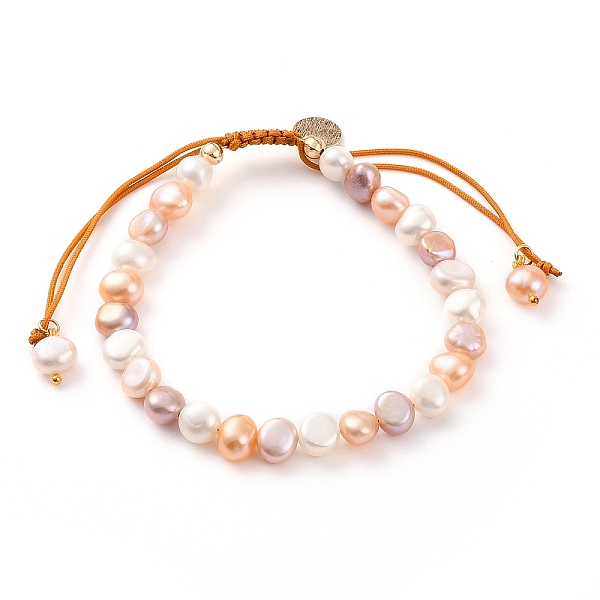 

PandaHall Adjustable Nylon Thread Braided Bead Bracelets, with Natural Cultured Freshwater Pearl Beads and Flat Round Brass Charms, Real 18K...