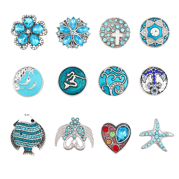 

PandaHall CHGCRAFT 12Pcs 12 Style Alloy Rhinestone Snap Button, with Enamel, Jewelry Buttons, Starfish & Flower & Fish, Antique Silver &..., Multicolor