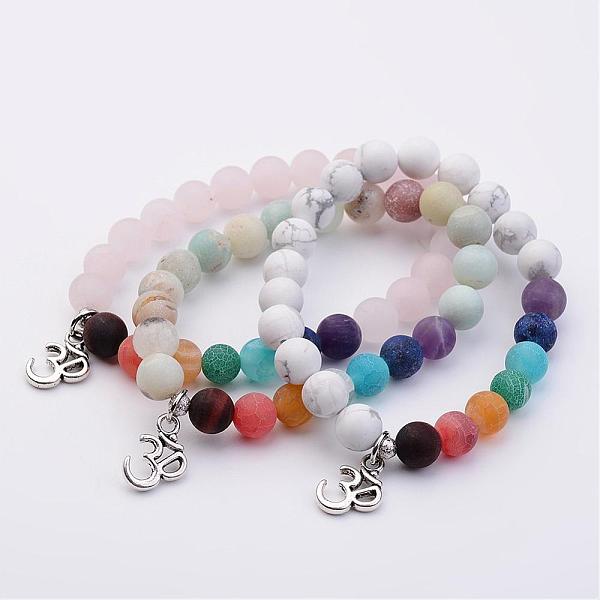 

PandaHall Natural Gemstone Stretch Bracelets, with Alloy Om Symbol Pendants, Antique Silver, 2-1/8 inch(53mm) Mixed Stone