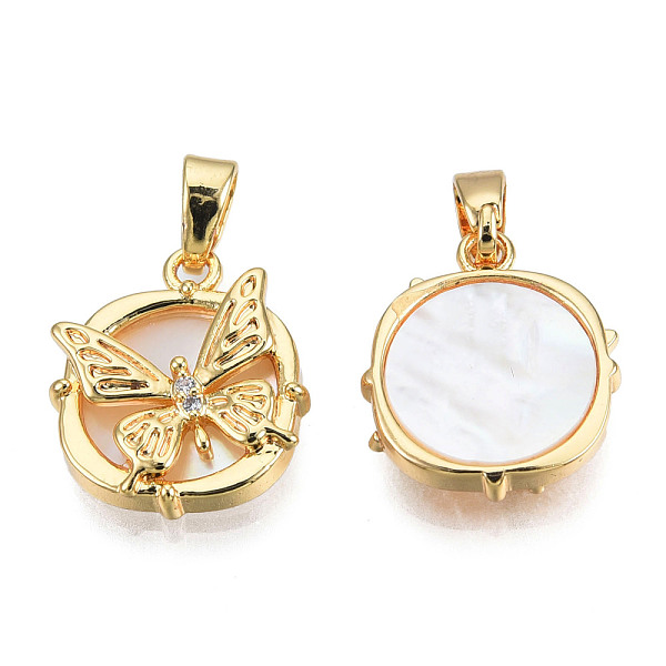 

PandaHall Brass Micro Pave Clear Cubic Zirconia Pendants, with Natural Shell, Real 18K Gold Plated, Nickel Free, Flat Round with Butterfly...