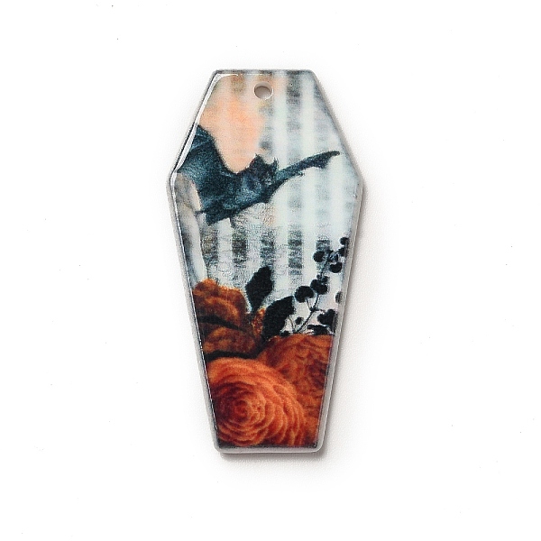 

PandaHall Halloween Printed Acrylic Pendants, Coffin Charm, Bat, 41x21x2.5mm, Hole: 1.8mm Acrylic Bat