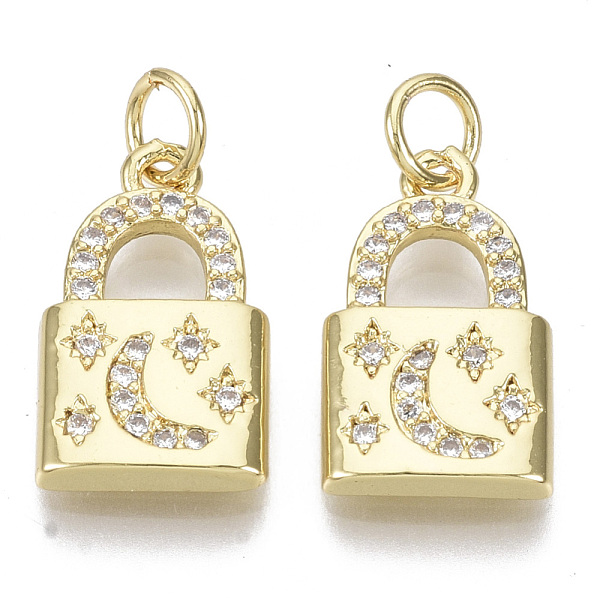 

PandaHall Brass Micro Pave Cubic Zirconia Pendants, with Jump Rings, Nickel Free, Lock with Moon & Star, Clear, Real 16K Gold Plated...