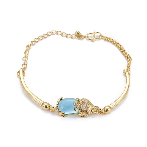 

PandaHall Golden Tone Brass Link Bracelets, with Glass and Cubic Zirconia, Pi Xiu, Sky Blue, 7-5/8 inch(19.5cm), 2.5~3mm Cubic Zirconia Blue