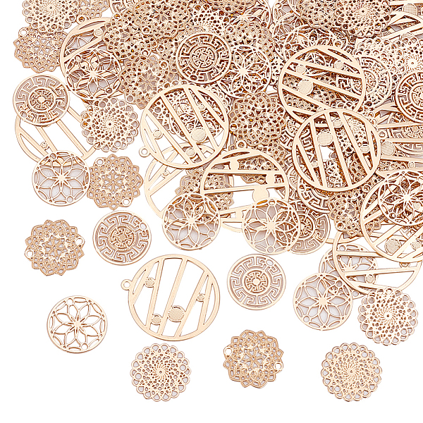 

PandaHall HOBBIESAY 100pcs 5 Style Brass Filigree Connector Charm 13-22mm Round Etched Metal Joiners Links Embellishments Light Gold Hollow...