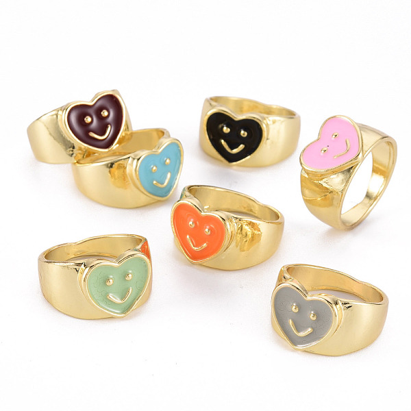 

PandaHall Alloy Enamel Wide Band Rings, Cadmium Free & Lead Free, Light Gold, Heart with Smiling Face, Mixed Color, US Size 6 3/4(17.1mm)..., Multicolor