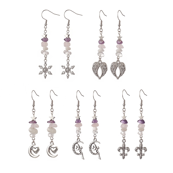 

PandaHall Alloy Charm with Natural Mixed Gemstone Chips Dangle Earrings, 304 Stainless Steel Long Drop Earrings for Women, Antique Silver...